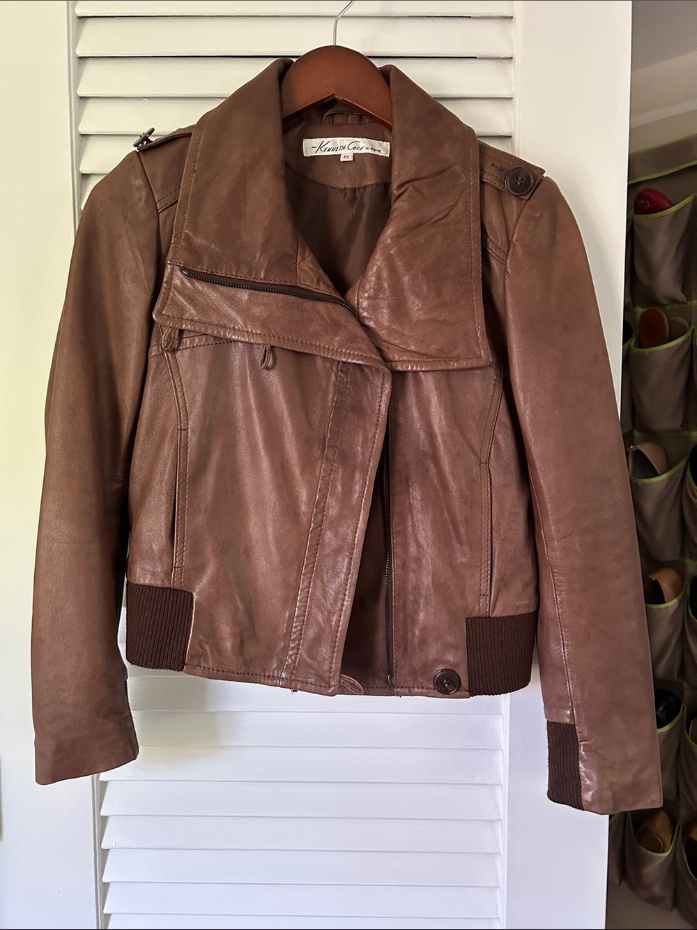 Kenneth Cole New York Petite Brown Leather Asymmetric Moto Jacket